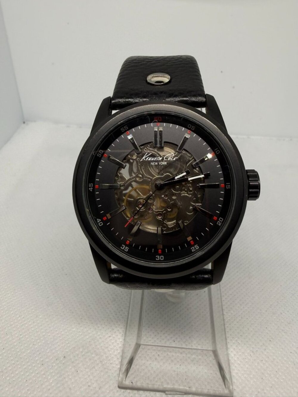 Kenneth Cole NY KC1550 Automatic Skeleton Black Dress Croc Leather Watch